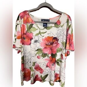 Susan Graver Pink & White Stretchy Knit Floral Print SS Women's Top Size 2X
